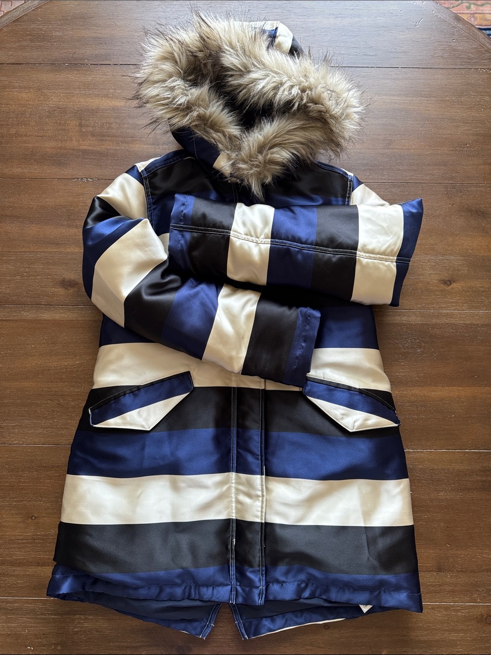 Sz 14 J. Crew Crewcuts Jess Puffer Coat In Satin Colorblock down coat faux fur